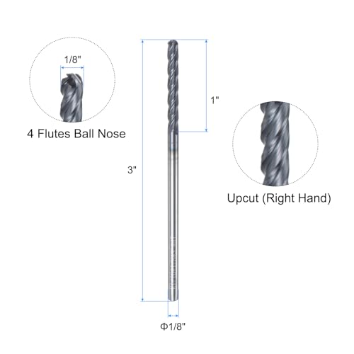 Image of uxcell Ball Nose End Mill CNC Router Bit, 1 /16 inch Radius 1 /8 inch Shank Solid Carbide TiAlN Coated Upcut Spiral 4 Flutes Cutter Milling Tool, 1 /8 inch Dia 3 inch Total Length