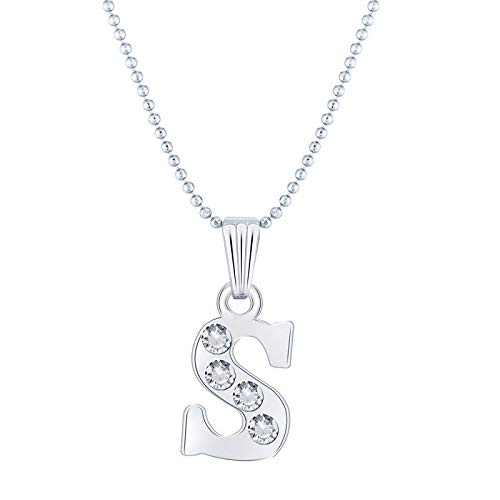 APARA Alphabet Silver Plated Alloy S Letter Locket Diamond Pendant Necklace Ball Chain for Boys and Girls (Silver, White)