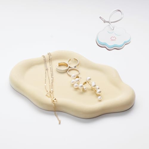 Image of Jewelry Dish Trinket Tray for Women, Ring Dish Holder, Unique Cloud Shape Ceramic Plate Cute Things Vanity Aesthetic Room Decor Mother's Day Birthday (Flocked Custard)