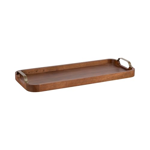 Kate and Laurel Farson Modern Decorative Wood Rectangle Tray with Handles; 10 x 24; Walnut Brown and Antique Brass; Transitional Rectangular Tray for Use as Entryway Tray Decor or Ottoman Serving Tray
