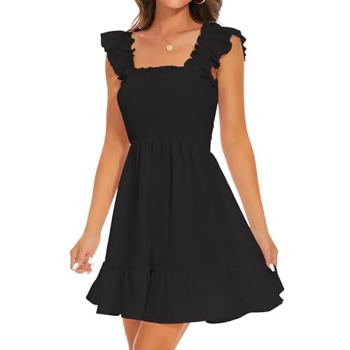 ROYLAMP Women's Smocked Dresses Square Neck Elegant Tiered Boho Ruffle Shoulder Swing Flowy Summer Casual Mini Dress X-Large Black