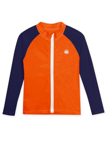 AOBUTE Swim Shirts for Boys SPF 50+ Color Block Long Sleeve Summer Rash Guard with Thumb Holes Orange Navy 11-12Y3