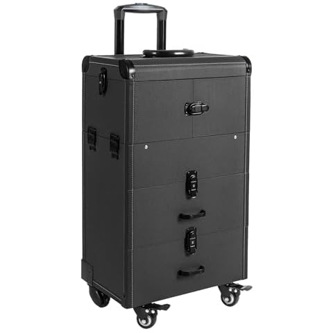 Rolling Makeup Train Case, Large Capacity Trolley Makeup Travel Case with Key Wheels, Professional Make Up Cosmetic Organizer for Make-Up Artists Hairdressers Nail Technicians Beauticians (Black) Cover