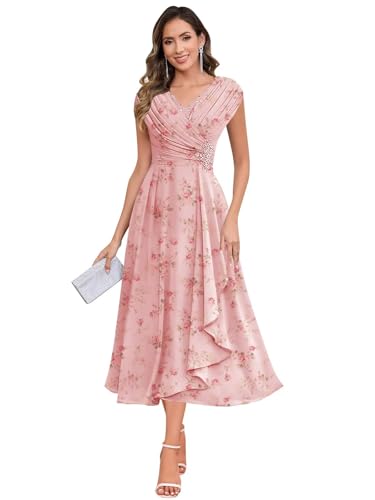 Image of BOLENSYE Tea Length Floral Pink Mother of The Bride Dresses for Wedding Cap Sleeve Grandmother Dress Size14