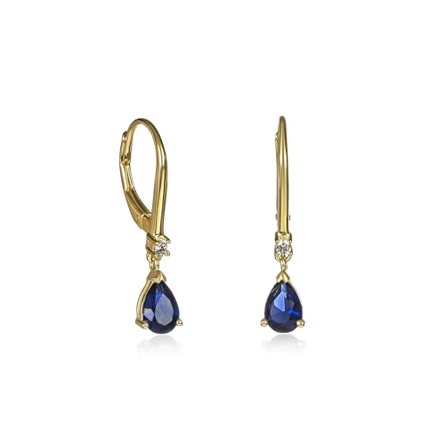Diamond Treats Boucles d'Oreilles Pendantes Bleu Saphir en Argent Sterling 925 Plaqué Or en Goutte, Boucles d'Oreilles Femme Or Jaune Serties de Pierres...
