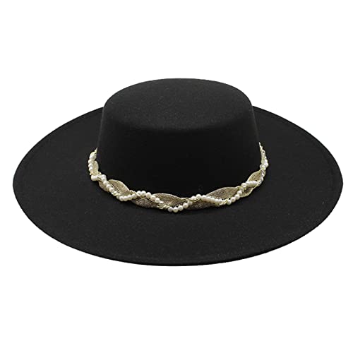 Felt Fedora Hats For Women French Elegant Wool Big Wide Brim Flat Top Hat With Handmade Pearl Wedding Church Jazz Cap Beige #TOP6