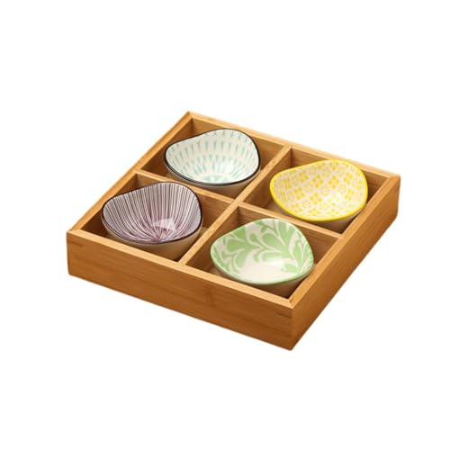MiluFox小皿セット 和風 前菜皿 深型 盛り鉢 9点セット 陶器付き 仕切り竹トレイ付き 醤油皿 小鉢 和食器 天然木 セラミック 火鍋 焼肉 寿司 食洗機対応 調理器具 (【4格+4?】a)