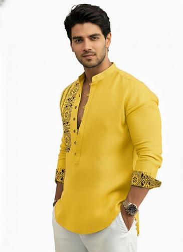 Image of Amazon Brand - INKAST Men's Cotton Blend Mandarin Collar Self One Design Full Sleeve Casual Short Kurta