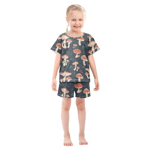 ALAZA Red Mushroom on Navy Blue Pajamas Short Sleeve 2 Piece Sleepwear Top and Bottom Pajama Set Unisex3