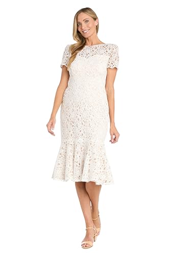 R&M Richards Women's Elegant Crochet Lace Tea-Length Dress W/Flounce Hem