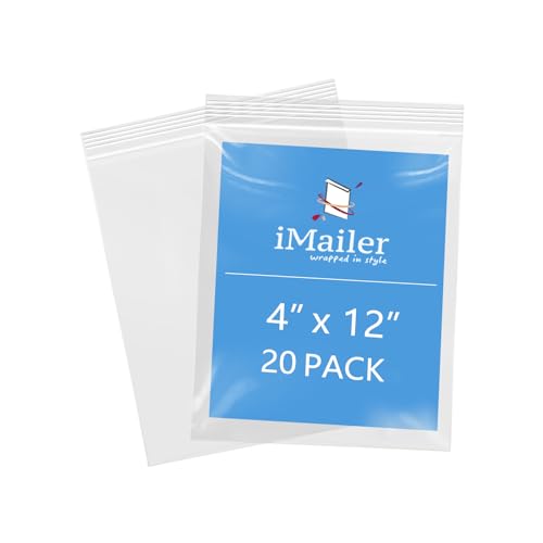 iMailer - 4" x 12" 20 Pack - 2 Mil Resealable Zip Bags - Small Clear Plastic Bags for Storage, Organizing, Crafts, Snacks, Jewelry, Hardware