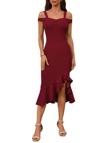 CORSKI Women's Formal Cocktail Dress Cold Shoulder Slit Fishtail Hem Party Club Midi Dress