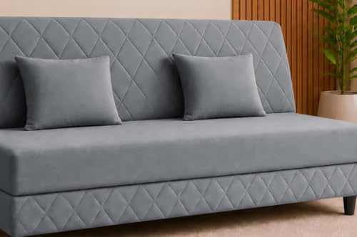 Image of Deco Studio 3 Seater Sofa Bed | Premium Upholstered Velvet Fabric Folding Couch for Living Room, Guest Room & Bedroom | Quilted Backrest with 2 Cushions (Grey)