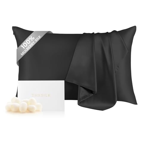 THXSILK Silk Pillowcase for Hair and Skin, 100% Mulberry Silk Grade 6A+ Silk Both Sides Bed Pillow Cover with Hidden Zipper, 1pc Hypoallergenic Pillowcase (King Size 20"x36", Black)