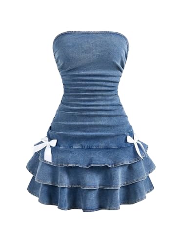 Image of MakeMeChic Women's Layered Ruffle Denim Mini Dress Strapless Bandeau Bow Jean Dresses