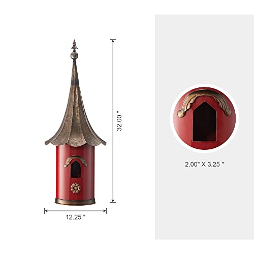 Glitzhome 32”H Metal Hanging Birdhouse For Outdoors Oversized Farmhouse Pagoda Painted Bird House With Bronze Roof For Bluebird Wren Chickadee Sparrow Bird Nest Box For Garden Patio, Retro Red #TOP1