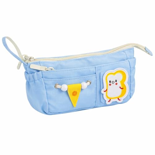 Image of Canvas School Bag Pencil Case, 3 Layer 6 Compartment Large Capacity, Aesthetic Pencil Pouch for Stationary, Cute Stationery for Kids, Pencil Case for Girls & Boys (Sky Blue)