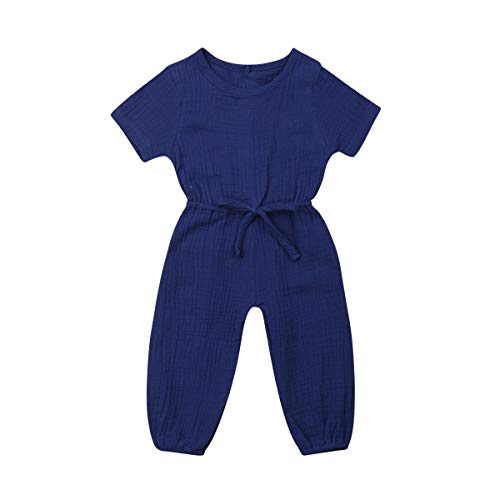 Image of Mubineo Toddler Baby Girl Summer Fall Basic Plain Short Sleeve Cotton Linen Drawstring Romper Jumpsuit