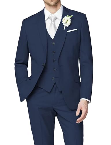 Men Slim Fit Suits - 3 Piece Suits for Men Wedding Groomsmen Prom Business Suit One Button Blazer Navy