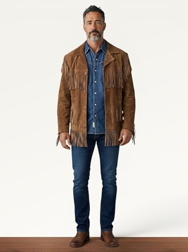 Image of Men's Suede Fringe Jacket Western Cowboy Style Genuine Leather Coat with Button Closure, Black Brown Cognac