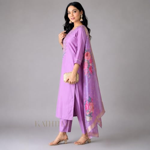 Image of Kaththai Women Embroidered Kurta and Pant Set with Dupatta | Ethnic Suit Set for Women | Floral Printed Organza Dupatta | Festive, & Traditional Kurta Set
