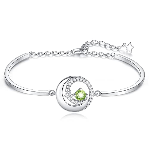 Fancime Genuine Peridot August Birthstone Bracelets For Women Sterling Silver Moon And Star Bangle Charm Bracelet Natural Gemstone Fine Jewelry Birthday Anniversary Christmas Gifts For Mom #TOP21
