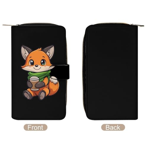 Cute Fox Drinking Coffee Long Wallet for Women Men Purses Coin Pouch Credit Card Holder Organizer3