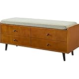 Walker Edison Mid Century Modern Wood Entryway Bench with Cushion Hallway Mudroom Metal Bedroom Bench Ottoman, 46 Inch, Acorn