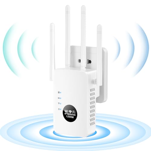 Répéteur WiFi, amplificateur de signal, 1200 Mbit/s couvre jusqu'à 12 880 m² et 60 appareils, amplificateur WiFi double bande 5 GHz et 2,4 GHz pour la maison avec port Ethernet (blanc)