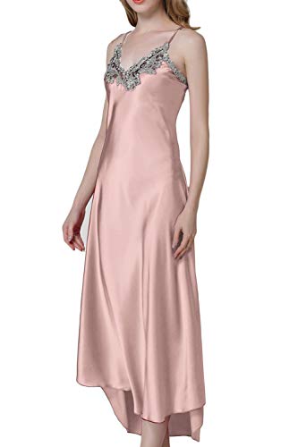 Asher Fashion Asherbaby Women's Nightdress Lace Satin Nightgowns Long Chemise Sleepwear (Us S=Asian Tag M, Pink) #TOP1