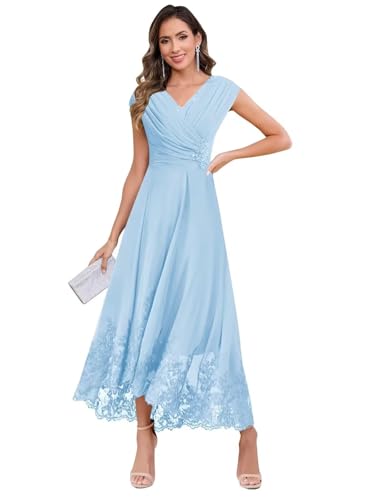 Aoruisen Tea Length Mother of The Bride Dresses Chiffon Lace Beaded Cap Sleeves Formal Dress