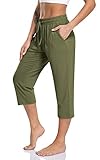 TARSE Womens Capris Yoga Workout Sweatpants Pockets Loose Drawstring Capri Pants Lounge Pajama Cropped Pants (Green,L)