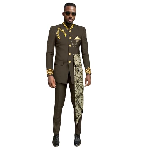 Men`s Business Suits Slim Fit Single Beasted Lined Embroidery Blazer and Pants Set Dashiki Outfits