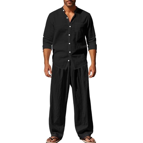 EMATOP Leinen Outfits Herren Sommer Leicht Sportanzug Lässiges Einfarbig Jogginganzug Baumwolle Leinen Tracksuit Casual 2 Teiliges Sommerhemd und Lang Hosen Freizeitanzug Zweiteiler Workout Set