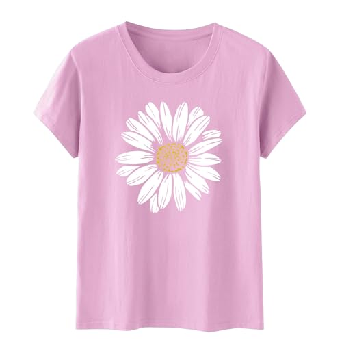 Sunflower Print Summer T Shirt for Women Plus Size Loose Top Daily Casual Short Sleeve, pink, L Sunflower Print Summer T Shirt for Women Plus Size Loose Top Daily Casual Short Sleeve, pink, L