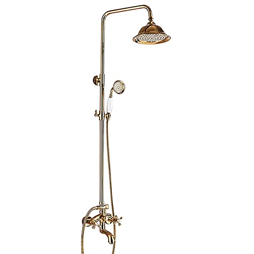 Système de douche doré avec bec de baignoire et pommeau pluie retro laiton