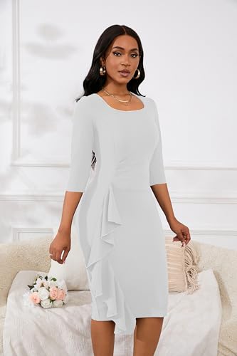 Image of Womens 1950s Vintage Bodycon Dress 3 /4 Sleeve Square Neck Cocktail Pencil Sheath Midi Dress Elegant