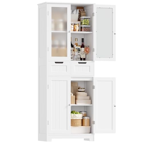 HOCSOK Mueble Columna de Baño, Mueble Auxiliar de Almacenaje con 4 Puertas y 2 Cajones, Armario de Madera de Suelo para Entrada, Salón y Cocina, 60 x 30 x 170cm, Blanco