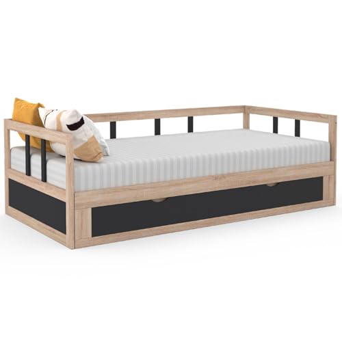 IDMarket - Lit Banquette 90 x 190 cm Zoya Convertible 180 x 190 cm hêtre et Noir avec 1 tiroir de Rangement