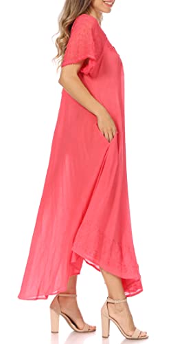 Image of Sakkas Egan Long Embroidered Caftan Dress /Cover Up with Embroidered Cap Sleeves