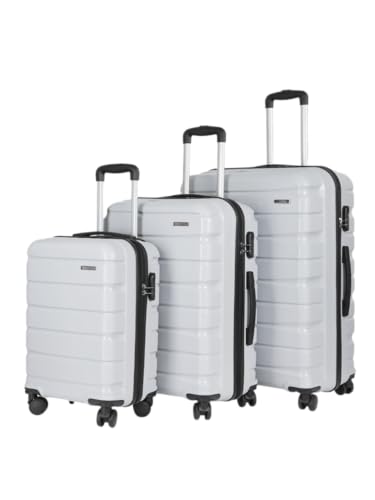 Image of Teakwood Unisex Trolley Bag for Travel, Hard Cabin Trolley Suitcase Bag, Numver Lock System 360 Degree 8 Rotating Wheels | Set of 3 (55, 65, 76 CM, Metallic Silver)