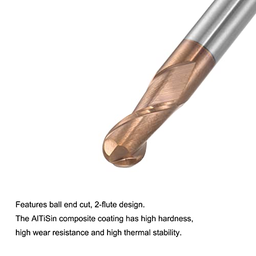 Image of uxcell Ball Nose End Mill 3mm Tip Radius Solid Carbide AlTiSin Coated CNC Router Bits 2 Flute Spiral Milling Cutter HRC55 with 6mm Shank 75mm (3-inch) Length