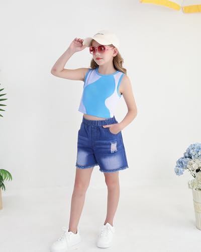 Image of YOURUIKER Girls 2 Piece Summer Outfit Kid Crewneck Tank Crop Top Pocketed Demi Jeans Set Tween Girls Preppy Clothes Size 9-10