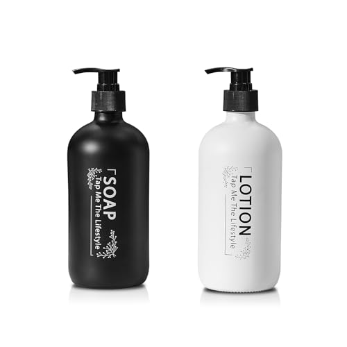 TAPMEE Juego de 2 dispensadores de jabón, contiene juego de dispensador de jabón y loción, dispensador de jabón de vidrio de 16 onzas con bombas de plástico negro, dispensador de jabón de cocina,