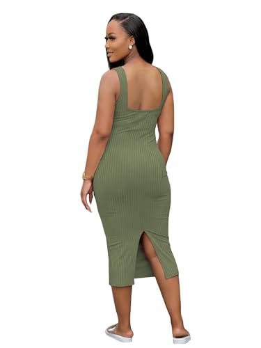 Image of TOPSRANI Women Sexy Midi Dress Bodycon Casual Sleeveless Basic Ruched Tank Summer Club Party Dresses