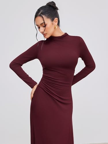 CIDER Turtle Neck Long Sleeve Ruched Knit Elegant Solid Party Middle Waist Maxi Elegant Dress3