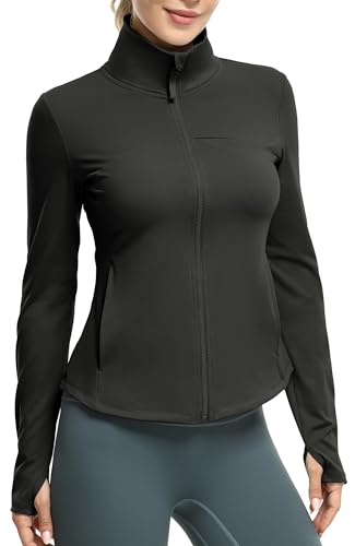 icyzone Women's Zip Up Athletic Workout Gym Running Yoga Jackets with Thumb Holes & Pockets