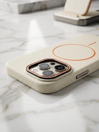 Image of amazon basics Luxury MagSafe Compatible Leather Texture Back Cover for iPhone 16 Pro | Raised Camera Protection | Slim Fit Shockproof Case with Metallic Accents (White)