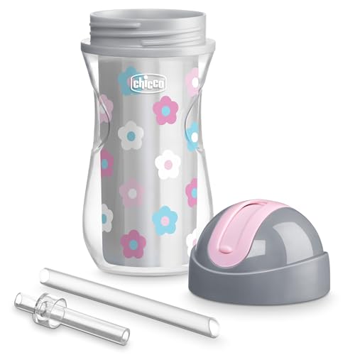 Image of Chicco Insulated Straw Sippy Cup 12+ Months, 9oz Toddler Training Cup with Spill-Free Flip-Top Lid, BPA-Free 2-Pack, Floral /Purple Print