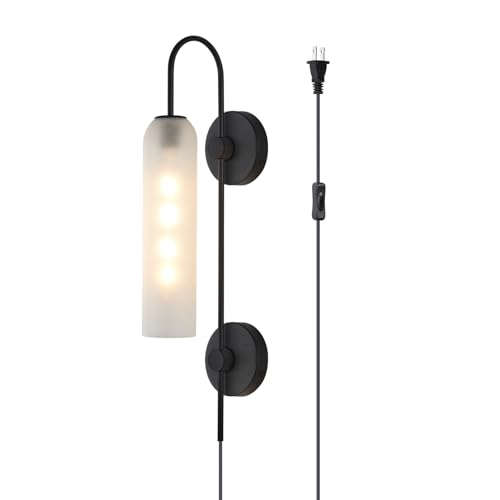 Image of BOKT Black Wall Lights Plug in for Bedroom, Frosted Milky White Glass Wall Sconce Decor, Large Modern Wall Sconces for Living Room